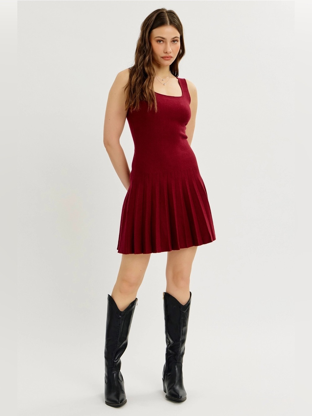 NWT Sleeveless Knit Pleated Sweater Knit Mini Dress - Wine